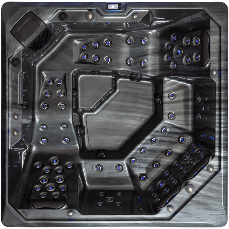 „Whirlpool mit 2 Liegeplätzen und 4 Sitzplätzen – Perfekt für Entspannung im Garten“ jedoch in schwarz.