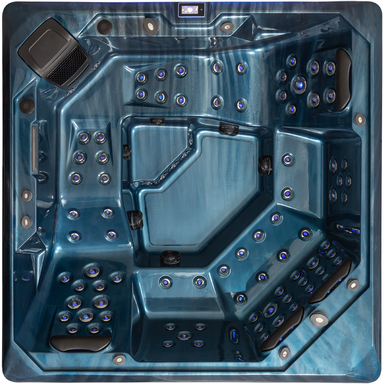 „Whirlpool mit 2 Liegeplätzen und 4 Sitzplätzen – Perfekt für Entspannung im Garten“ jedoch in blau.